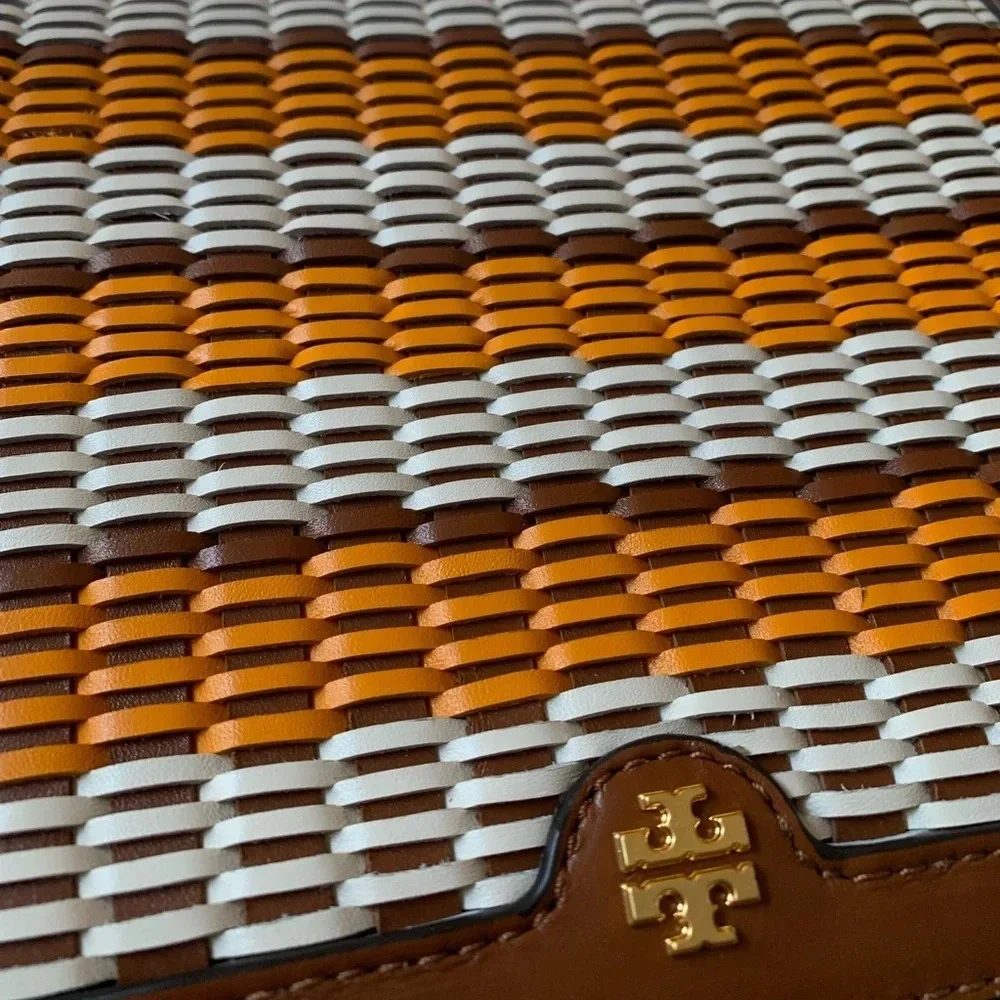 Tory Burch Emerson Woven Crossbody Bag Multicolor Orange White Tan Brown Gold - Picture 3 of 15